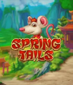 A whimsical illustration of a white rat dressed in traditional Chinese attire standing in a scenic mountain backdrop. The image promotes the Spring Tails game by Betsoft, showcased with prominent red and gold logo lettering.