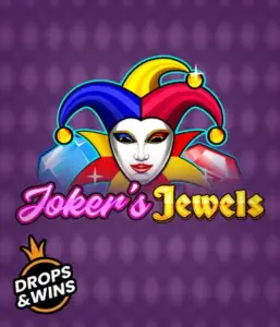 Discover the playful world of the Joker's Jewels game by Pragmatic Play, featuring a mesmerizing joker's mask embellished with a vivid jester hat. This image conveys the fun and excitement of casino gaming, set against a deep purple background. Perfect for fans of joker-themed slots, offering a delightful play experience. 